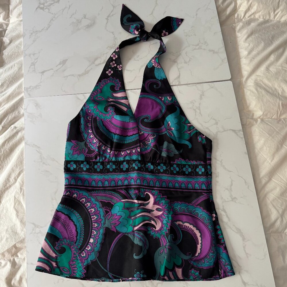 Laundry by Shelli Segal Black and Purple Silk Halter Top – M